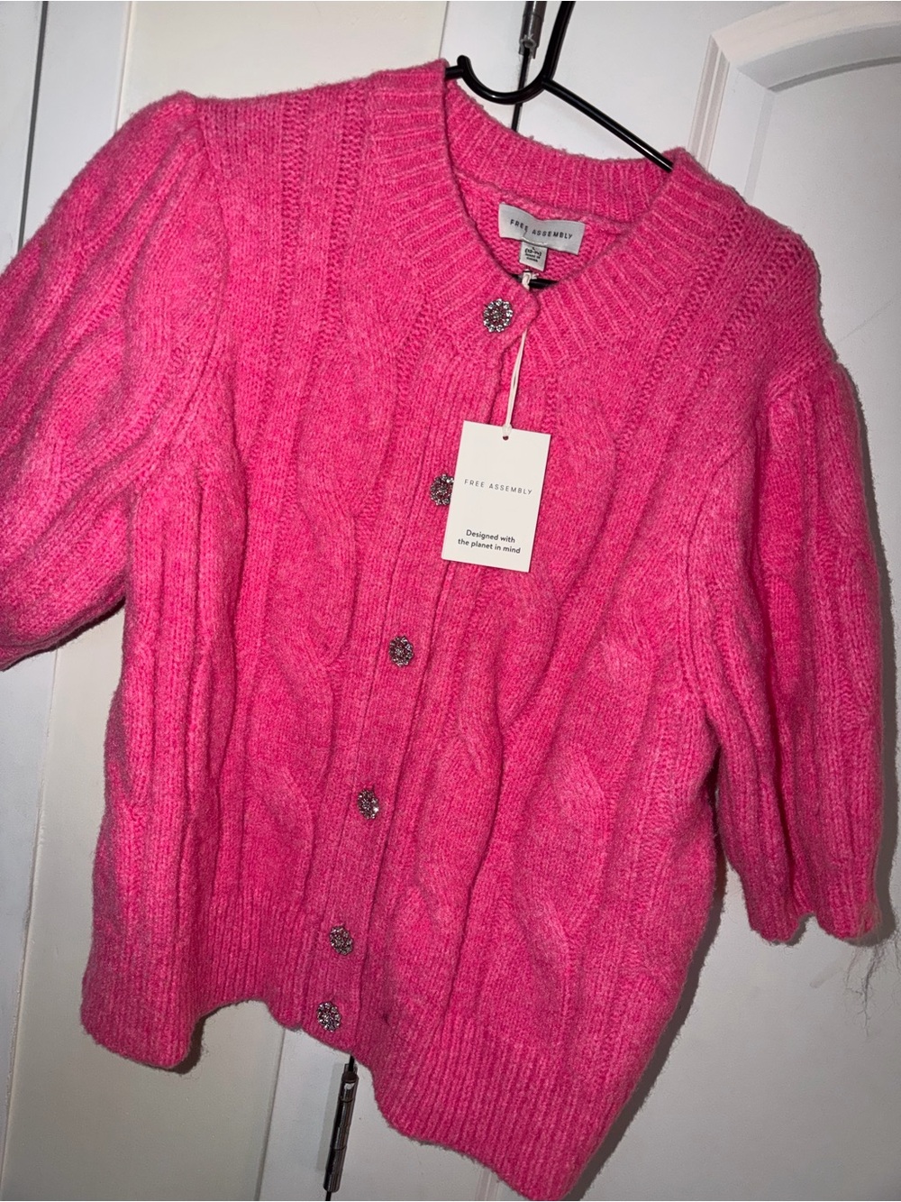 Free Assembly Bright Pink Cable-Knit Button Cardigan